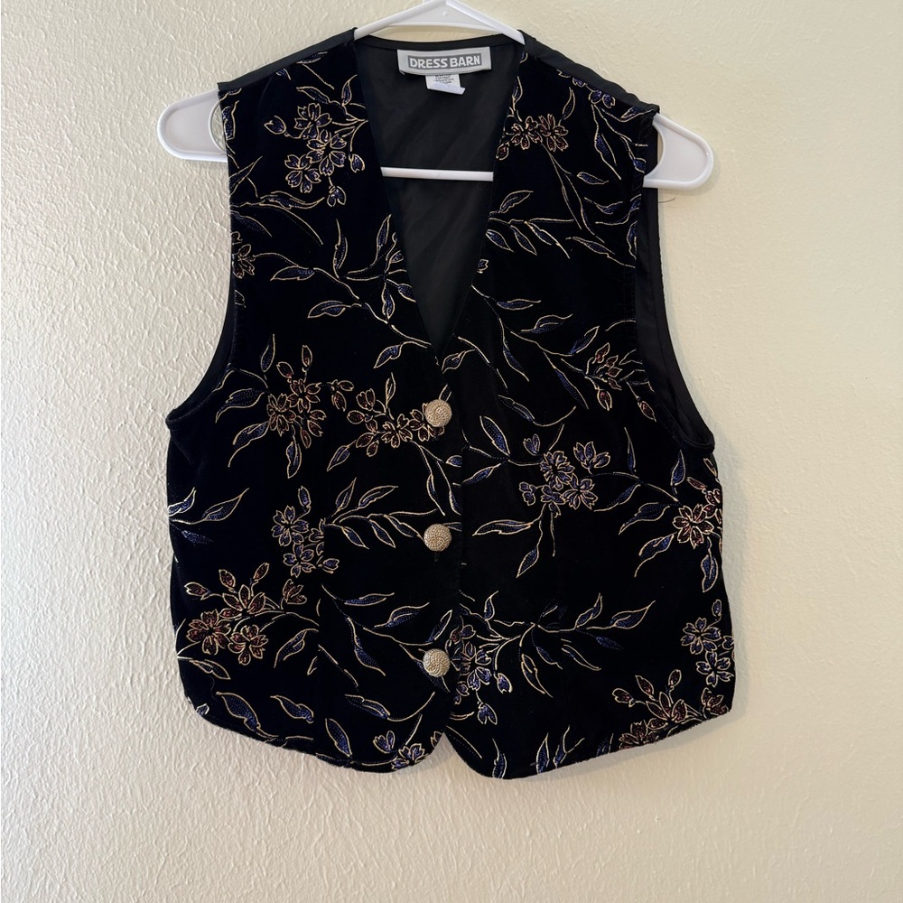 Dress Barn Black Velvet Vest with Metallic Floral Embroidery VTG